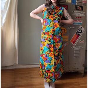 Vintage 60s Floral Maxi Dress | Psychedelic Floral Print Sleeveless | Size S/M
